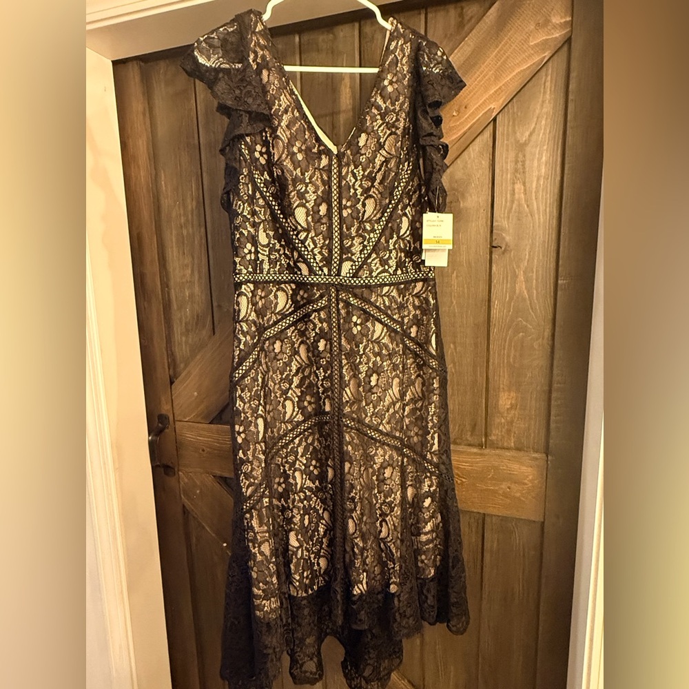 Taylor Dresses Black and Gold Lace High Low Dress